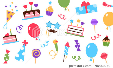 Party store colorful business card template. Event service visit card design. Bright celebrating flat elements for birthday carnival festival. Fun cracker cake balloon muffin gift vector illustration. Party store colorful business card template. Event service visit card design. Bright celebrating flat elements for birthday carnival festival. Fun cracker cake balloon muffin gift vector illustration. 98360240
