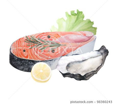 Watercolor illustration of raw salmon steak with lemon, peppercorns, oyster, rosemary and lettuce isolated on white background Watercolor illustration of raw salmon steak with lemon, peppercorns, oyster, rosemary and lettuce isolated on white background 98360243
