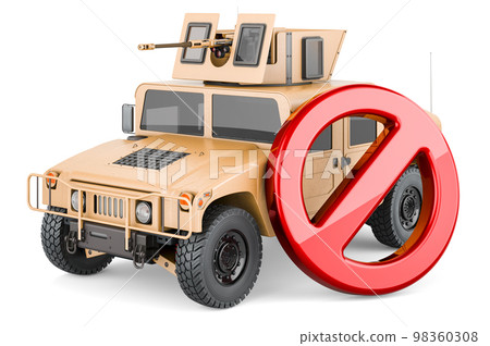 High Mobility Multipurpose Wheeled Vehicle with forbidden symbol, 3D rendering High Mobility Multipurpose Wheeled Vehicle with forbidden symbol, 3D rendering 98360308