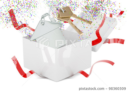 Home key with keychain inside gift box, 3D rendering 98360309