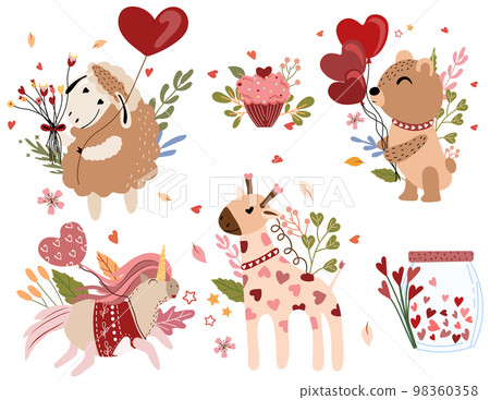 Beautiful compositions with bright flowers and leaves, a bear holding balloons, a cute unicorn, giraffe, a sheep. Bright illustrations for greeting cards, posters, banners, etc.Vector 98360358