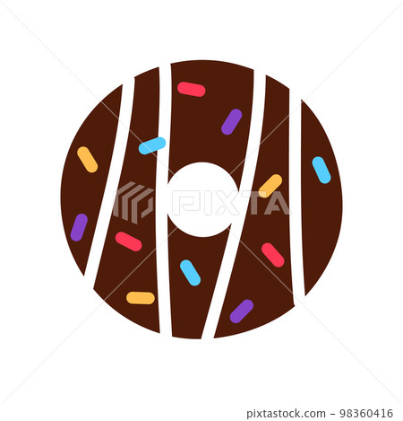 Colorful flat chocolate donut isolated on white background. Tasty baked unhealthy dessert closeup object. Brown doughnut with sprinkles frosting top Yummy treat food logo design illustration. Colorful flat chocolate donut isolated on white background. Tasty baked unhealthy dessert closeup object. Brown doughnut with sprinkles frosting top Yummy treat food logo design illustration. 98360416