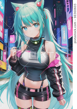 Cyberpunk anime characters with blue hair and neon glow