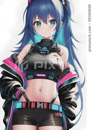Cute anime cyberpunk girl standing in front of... - Stock Illustration ...