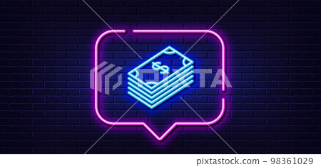 Neon light speech bubble. Cash money line icon. Banking currency sign. Dollar or USD symbol. Neon light background. Dollar glow line. Brick wall banner. Vector Neon light speech bubble. Cash money line icon. Banking currency sign. Dollar or USD symbol. Neon light background. Dollar glow line. Brick wall banner. Vector 98361029
