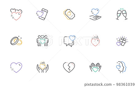 Love line icons. Gift box, Heart and Romantic letter. Wedding rings, glasses with champagne, love heart icons. Linear set. Bicolor outline web elements. Vector 98361039