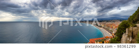 Sandy Beach by Historic City of Nice, France. Castle Hill Sandy Beach by Historic City of Nice, France. Castle Hill 98361299