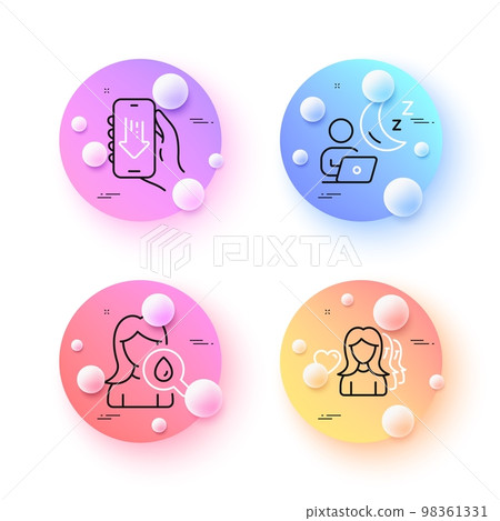 Download app, Woman love and Moisturizing cream minimal line icons. 3d spheres or balls buttons. Shift icons. For web, application, printing. Vector 98361331