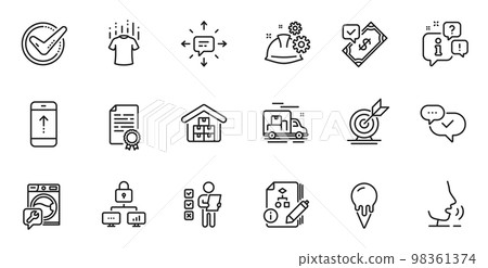 Outline set of Confirmed, Working process and Swipe up line icons for web application. Talk, information, delivery truck outline icon. Include Approved, Ice cream, Lock icons. Vector Outline set of Confirmed, Working process and Swipe up line icons for web application. Talk, information, delivery truck outline icon. Include Approved, Ice cream, Lock icons. Vector 98361374