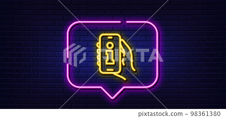 Neon light speech bubble. Info app line icon. Hand hold phone sign. Cellphone with screen notification symbol. Neon light background. Info app glow line. Brick wall banner. Vector 98361380