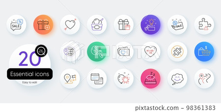 Simple set of Sale, Marry me and Road line icons. Include World travel, Mattress, Calendar icons. Love tickets, Ice cream, Puzzle web elements. Sale bags, Journey, Add gift. No puzzle. Vector Simple set of Sale, Marry me and Road line icons. Include World travel, Mattress, Calendar icons. Love tickets, Ice cream, Puzzle web elements. Sale bags, Journey, Add gift. No puzzle. Vector 98361383