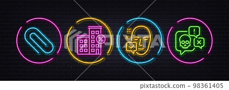 Face accepted, Paper clip and Loan house minimal line icons. Neon laser 3d lights. Cyber attack icons. For web, application, printing. Access granted, Attach paperclip, Discount percent. Vector Face accepted, Paper clip and Loan house minimal line icons. Neon laser 3d lights. Cyber attack icons. For web, application, printing. Access granted, Attach paperclip, Discount percent. Vector 98361405