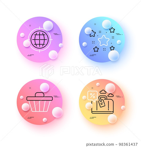 Seo internet, Shop cart and Stars minimal line icons. 3d spheres or balls buttons. Travel loan icons. For web, application, printing. Globe, Web buying, Twinkle stars. Trip discount. Vector 98361437