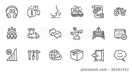 Outline set of Smile chat, Calendar and Group people line icons for web application. Talk, information, delivery truck outline icon. Include Headphones, Settings blueprint, Tractor icons. Vector 98361452