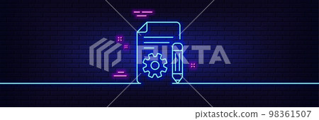 Neon light glow effect. Documentation line icon. Technical instruction sign. 3d line neon glow icon. Brick wall banner. Documentation outline. Vector 98361507