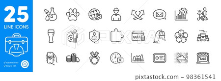 Outline icons set. Honor, Health app and Engineer icons. Seo graph, Calendar, Natural linen web elements. Time, Banking money, Market sale signs. Cloud system, Dog paw, Infographic graph. Vector Outline icons set. Honor, Health app and Engineer icons. Seo graph, Calendar, Natural linen web elements. Time, Banking money, Market sale signs. Cloud system, Dog paw, Infographic graph. Vector 98361541