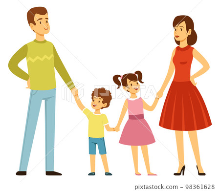 Happy parents with boy and girl. Family hold hands Happy parents with boy and girl. Family hold hands 98361628