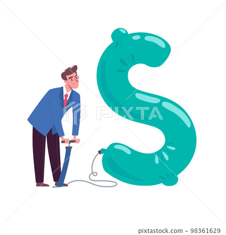 A man inflating up a dollar, a balloon. The concept of inflation, inflation of the money bubble, uncontrolled emission of money. Vector illustration of the issue financial system, flat style. Isolated A man inflating up a dollar, a balloon. The concept of inflation, inflation of the money bubble, uncontrolled emission of money. Vector illustration of the issue financial system, flat style. Isolated 98361629