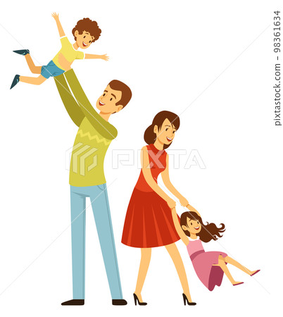 Mother and father playing with kids. Happy parenting. Cartoon smiling boy and girl Mother and father playing with kids. Happy parenting. Cartoon smiling boy and girl 98361634