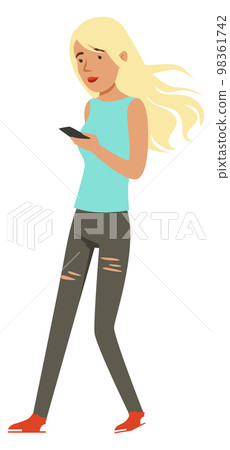 Teen girl walking with smartphone in hand. Cartoon character 98361742