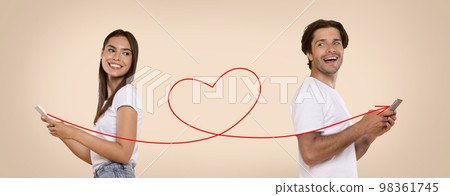 Online Dating. Romantic Couple Holding Smartphones Connected With Drawn Heart Shape String 98361745