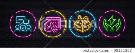 Food donation, Cardio calendar and Security agency minimal line icons. Neon laser 3d lights. Safe energy icons. For web, application, printing. Charity meal, Fitness time, Body guard. Vector Food donation, Cardio calendar and Security agency minimal line icons. Neon laser 3d lights. Safe energy icons. For web, application, printing. Charity meal, Fitness time, Body guard. Vector 98361897