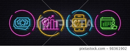 Loyalty points, Euro rate and Card minimal line icons. Neon laser 3d lights. Accounting icons. For web, application, printing. Bonus coupon, Currency trade, Mobile payment. Schedule report. Vector 98361902