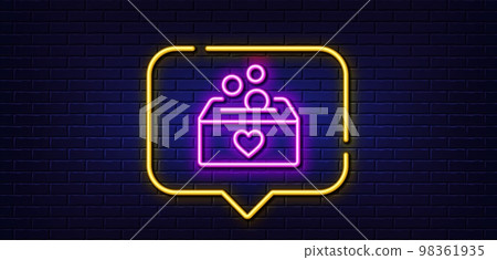 Neon light speech bubble. Donate money box line icon. Fundraising box sign. Donation coin symbol. Neon light background. Donation glow line. Brick wall banner. Vector Neon light speech bubble. Donate money box line icon. Fundraising box sign. Donation coin symbol. Neon light background. Donation glow line. Brick wall banner. Vector 98361935