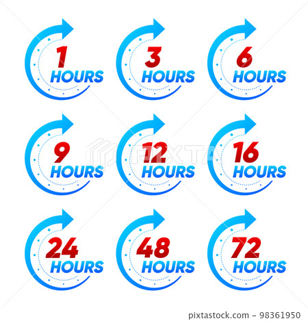 Clock icons 1 3 6 9 12 16 24 48 and 72 hours shipping. Fast delivery service website symbols, online deal remaining time. Service hours, business hours or shipping time symbol. Vector illustration. 98361950
