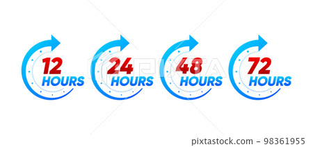 Clock icons 12 24 48 and 72 hours shipping. Fast delivery service website symbols, online deal remaining time. Service hours, business hours or shipping time symbol. Vector illustration. 98361955