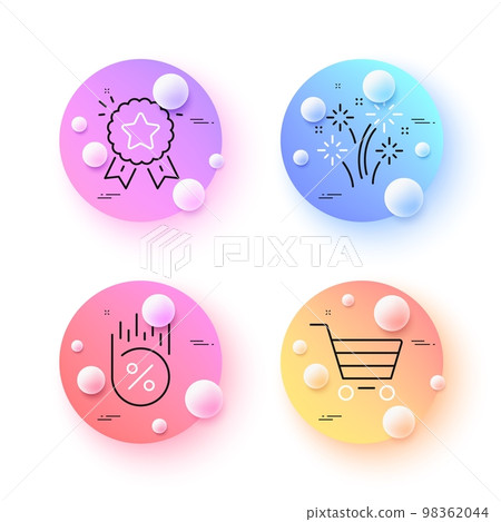 Fireworks, Market sale and Loan percent minimal line icons. 3d spheres or balls buttons. Ranking star icons. For web, application, printing. Pyrotechnic salute, Customer buying, Discount. Vector 98362044