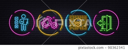 Voting ballot, Gears and Cyber attack minimal line icons. Neon laser 3d lights. Entrance icons. For web, application, printing. Vote checklist, Work process, Phishing skull. Open door. Vector Voting ballot, Gears and Cyber attack minimal line icons. Neon laser 3d lights. Entrance icons. For web, application, printing. Vote checklist, Work process, Phishing skull. Open door. Vector 98362341