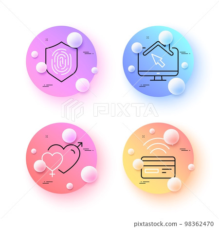 Contactless payment, Work home and Fingerprint minimal line icons. 3d spheres or balls buttons. Male female icons. For web, application, printing. Credit card, Freelance work, Biometric scan. Vector Contactless payment, Work home and Fingerprint minimal line icons. 3d spheres or balls buttons. Male female icons. For web, application, printing. Credit card, Freelance work, Biometric scan. Vector 98362470