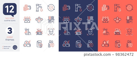 Set of Video conference, Group and Tap water line icons. Include Smile, Dating chat, Security confirmed icons. Wallet, Music phone, Distribution web elements. Parking place. Vector 98362472