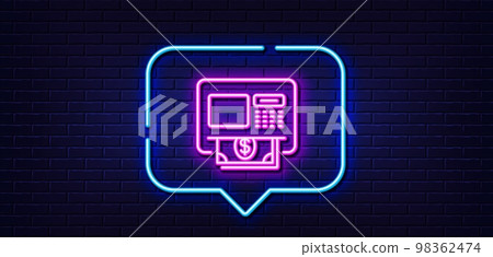 Neon light speech bubble. ATM line icon. Money withdraw sign. Payment machine symbol. Neon light background. ATM glow line. Brick wall banner. Vector 98362474