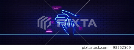 Neon light glow effect. Volunteer care line icon. Helping hand sign. Hospice symbol. 3d line neon glow icon. Brick wall banner. Volunteer outline. Vector 98362509