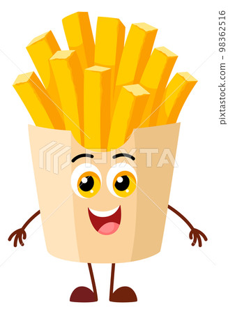 Happy french fries bag character. Funny fast food mascot Happy french fries bag character. Funny fast food mascot 98362516
