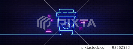 Neon light glow effect. Takeaway coffee line icon. Hot latte cup sign. Tea drink mug symbol. 3d line neon glow icon. Brick wall banner. Takeaway coffee outline. Vector Neon light glow effect. Takeaway coffee line icon. Hot latte cup sign. Tea drink mug symbol. 3d line neon glow icon. Brick wall banner. Takeaway coffee outline. Vector 98362523