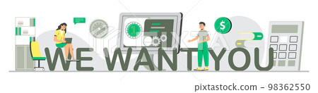 Welcome concept flat vector foe website. Happy tiny people are near huge text. Cartoon office teamwork and are greeting clients in online office 98362550