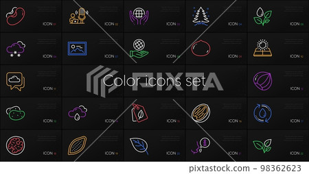 Set of Bio tags, Photo and Refill water line icons. Include Plants watering, Organic tested, Safe planet icons. Macadamia nut, Weather forecast, Cocoa nut web elements. Leaves, Sun energyLeaf. Vector 98362623