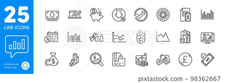 Outline icons set. Money diagram, Card and Loyalty star icons. Cash money, Analytical chat, Audit web elements. Loyalty gift, Currency audit, Payment signs. 3d chart, Cashback, Loan percent. Vector 98362667