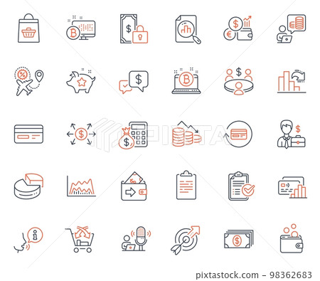 Finance icons set. Included icon as Decreasing graph, Businessman case and Cross sell web elements. Currency rate, Trade chart, Credit card icons. Private payment, Survey checklist. Vector 98362683