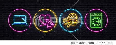 Social care, Flight time and Laptop minimal line icons. Neon laser 3d lights. Washing machine icons. For web, application, printing. Donate service, Airplane clock, Computer. Laundry. Vector 98362700