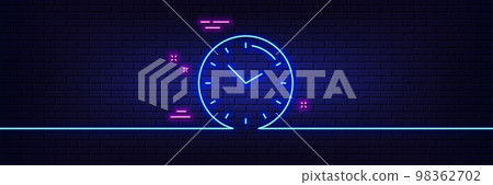 Neon light glow effect. Time management line icon. Clock sign. Watch symbol. 3d line neon glow icon. Brick wall banner. Time outline. Vector 98362702