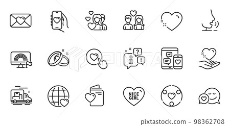Outline set of Couple, Love document and Heart line icons for web application. Talk, information, delivery truck outline icon. Include Hold heart, Nice girl, Lgbt icons. Vector Outline set of Couple, Love document and Heart line icons for web application. Talk, information, delivery truck outline icon. Include Hold heart, Nice girl, Lgbt icons. Vector 98362708