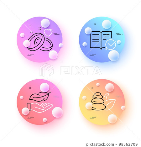 Spa stones, Approved documentation and Lightweight minimal line icons. 3d spheres or balls buttons. Marriage rings icons. For web, application, printing. Bath, Instruction book, Feather nib. Vector 98362709