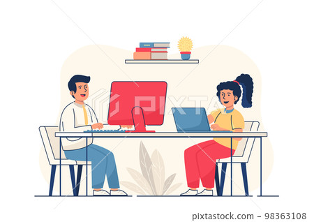 Children learn on computers concept for web banner. Boy and girl watching video lessons, doing homework online, modern person scene. Vector illustration in flat cartoon design with people characters 98363108