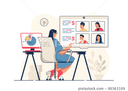 Video business conference concept for web banner. Colleagues discuss work tasks in group chat at online meeting, modern person scene. Vector illustration in flat cartoon design with people characters 98363109