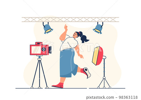 Photo studio concept for web banner. Woman model posing for shoots in professional studio with lighting lamps modern person scene. Vector illustration in flat cartoon design with people characters 98363118