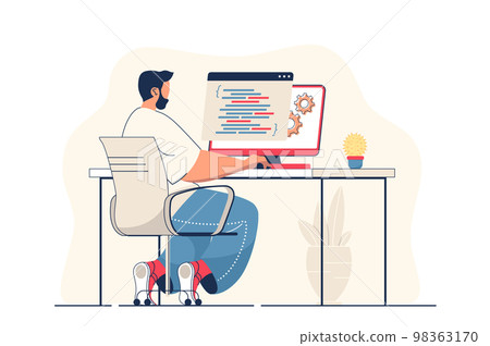 Programmer working concept for web banner. Man work with code and programming at computer, creates software modern person scene. Vector illustration in flat cartoon design with people characters 98363170